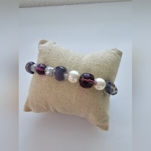 Large Wrist Purple Bead Strung Bracelet With Silver Tone Hardware